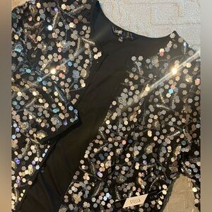 NWT Lularoe Stella Clover Chrome Silver Sequin Black Open Jacket XL
